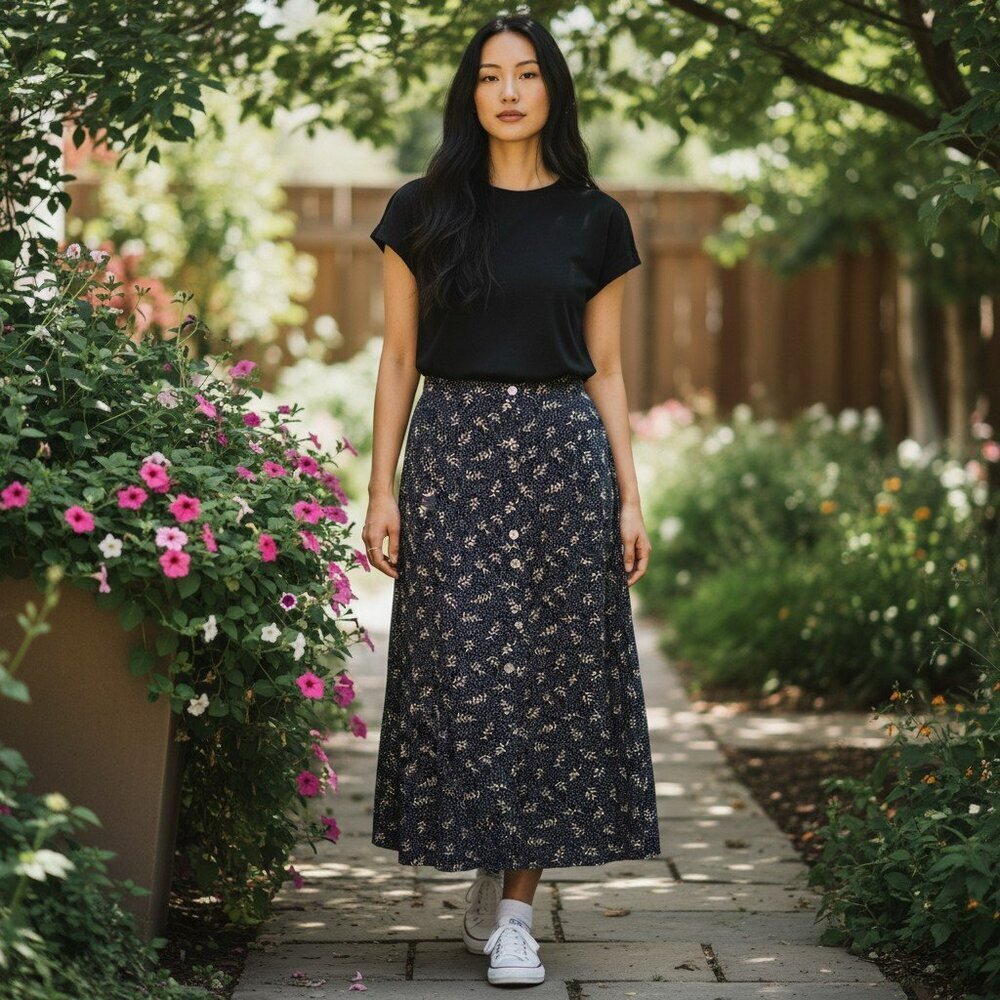 Eddie Bauer Womens Size 8 Petite Black Floral Button Front Straight Midi Skirt